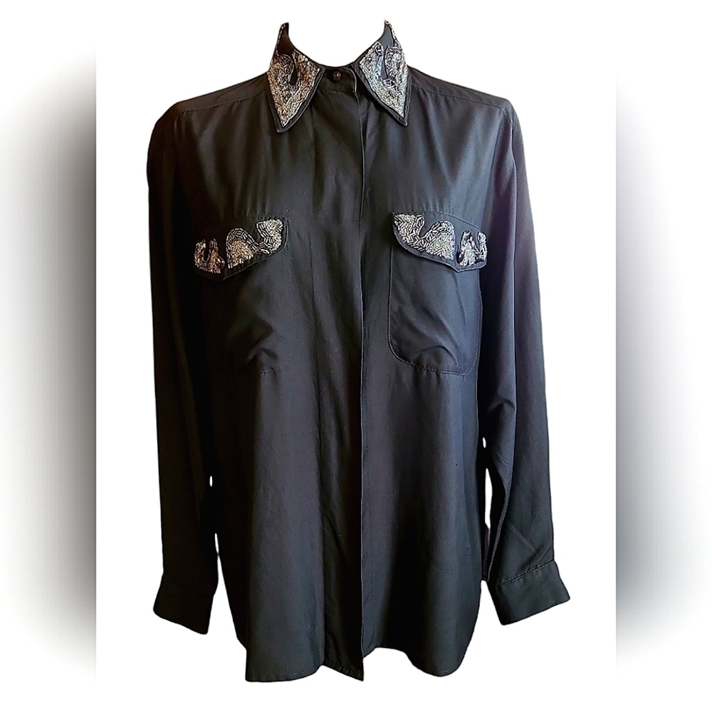 CACHE Black Silk Western Style Beaded Shirt